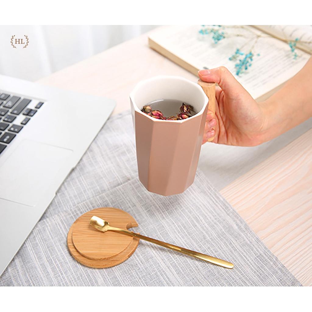 Ly sứ cao cấp tay gỗ kèm thìa inox vàng gương | LY CỐC SỨ MEN MỜ TẶNG KÈM THÌA INOX KHÔNG ĂN MÒN HOME LUXURY 2022