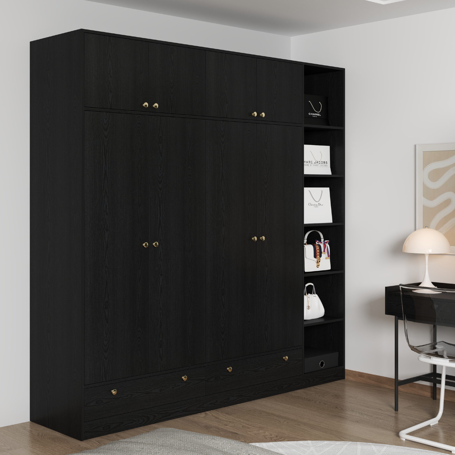 ELEGANT, Tủ quần áo 4 cửa mở 2m2x2m2 , 220cm x 54cm x 220cm , TCM_045
