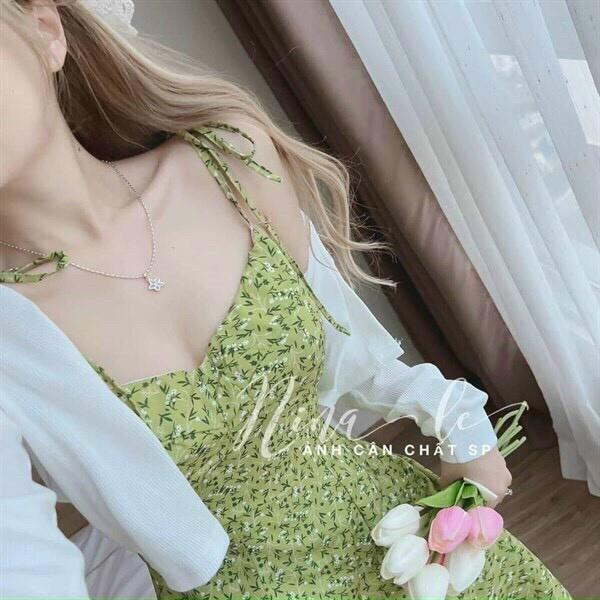 Set Đầm Hai Dây Buộc Nơ Vai Và Áo Khoác
