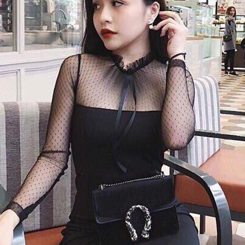Đầm Ôm Phối Tay Lưới Bi Nơ Cổ