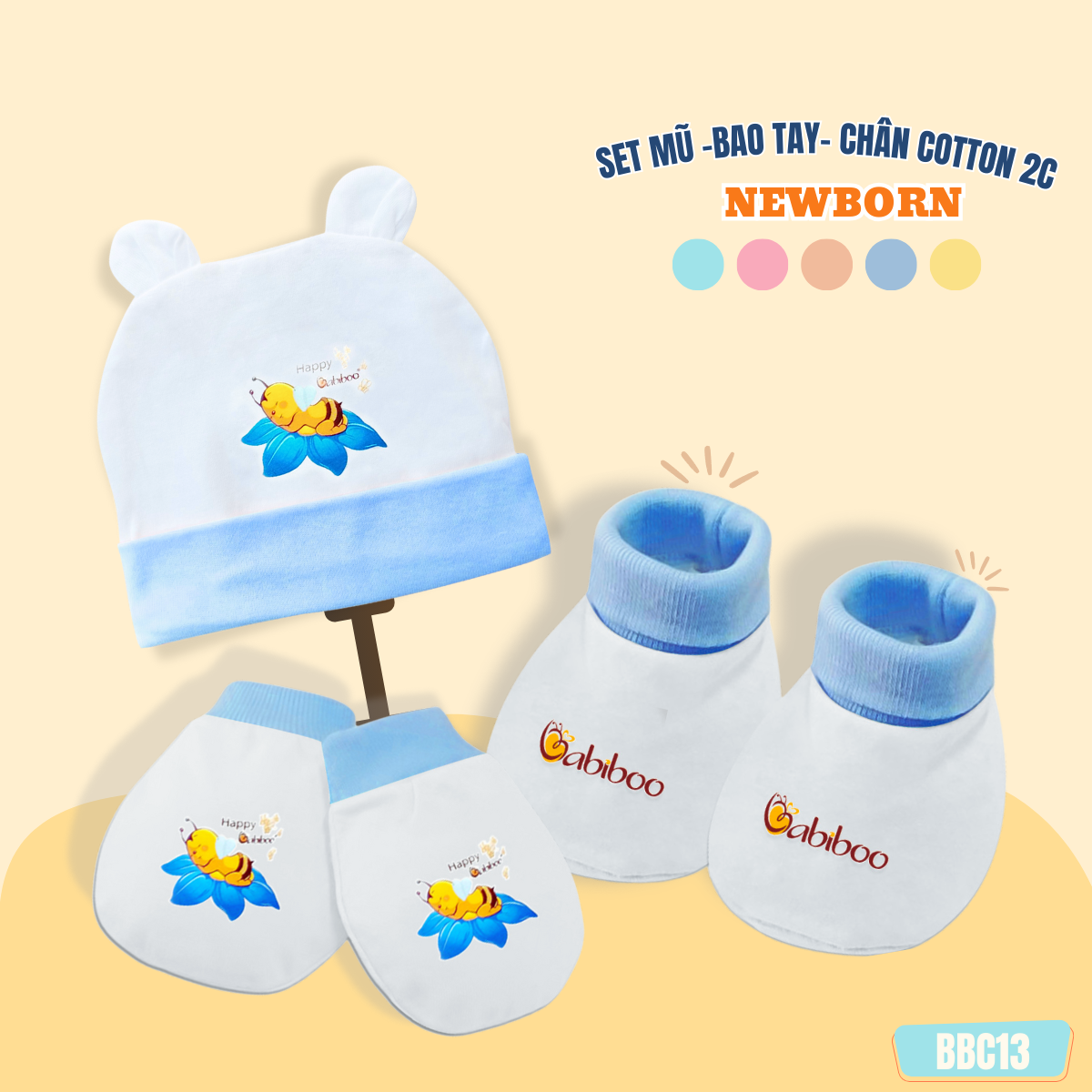 Set nón- bao tay - bao chân cho bé sơ sinh vải cotton mềm mại, trắng viền màu an toàn cho da BBC13