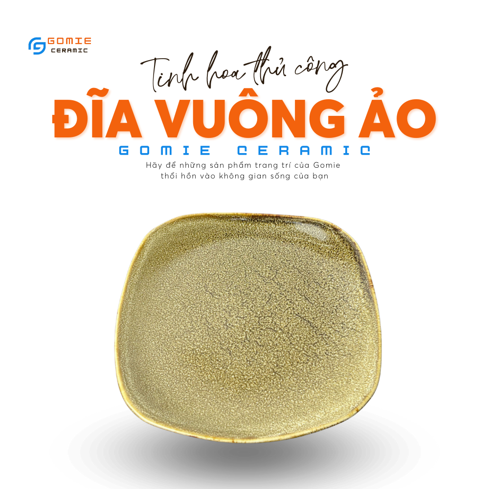 Đĩa vuông ảo gấm vàng hỏa biến chuyên dùng cho nhà hàng, thủ công bởi Nghệ Nhân Gomie Bát Tràng,an toàn sức khỏe