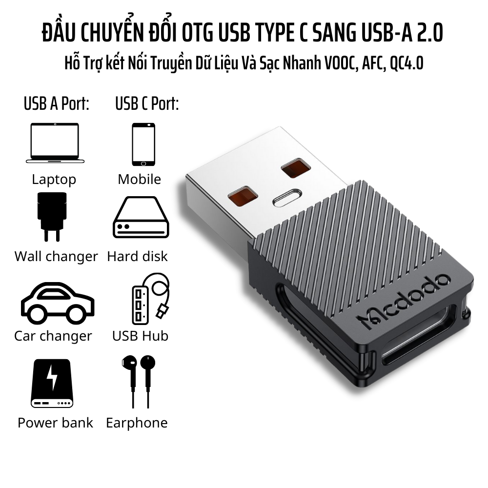 Đầu Chuyển Đổi OTG USB Type C Sang USB-A2.0 Mcdodo OT-6970 - Hàng Chính Hãng