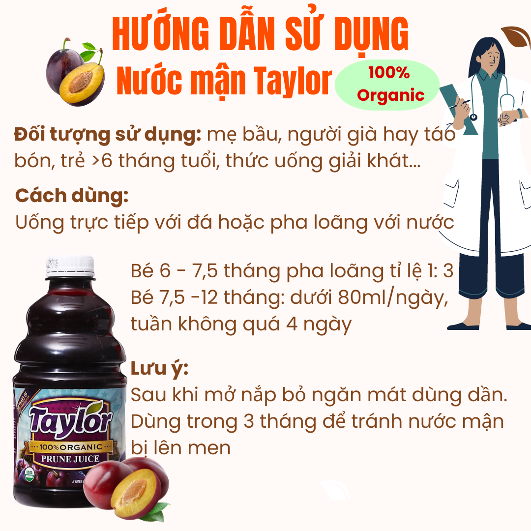 Nước Mận Hữu Cơ Nước Ép Mận Taylor (Không Đường) Tự Nhiên 100% Organic Prune Juice 946ml