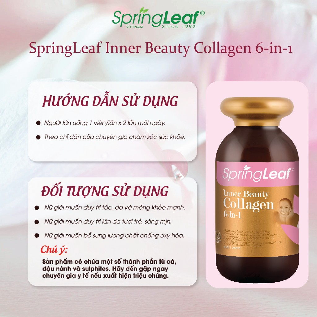 Viên uống Collagen 6 in 1 SpringLeaf làm đẹp da, sáng da, mờ vết thâm, chắc khỏe tóc, chống oxy hóa 60/90/180 viên