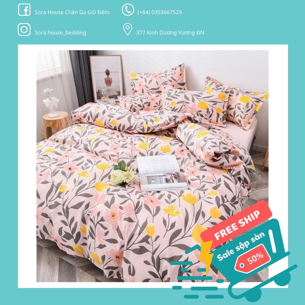 Bộ Chăn Ga Gối Cotton Poly Hoa Lá Hồng