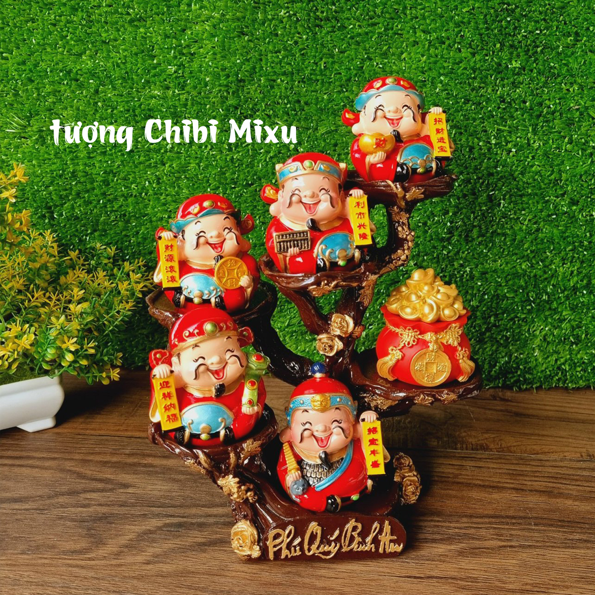 Bộ 05 tượng Ngũ Tài 7cm kèm túi vàng và chân đế Phú Quý Bình An