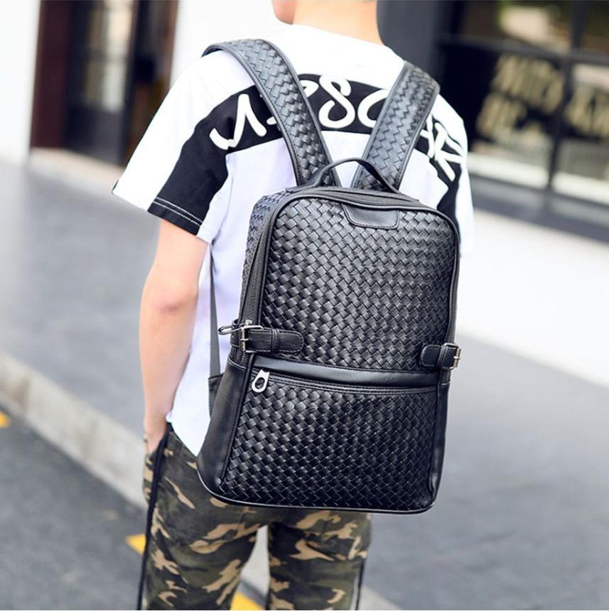 Unisex Fashion Backpack Leather Woven student Laptop Bag