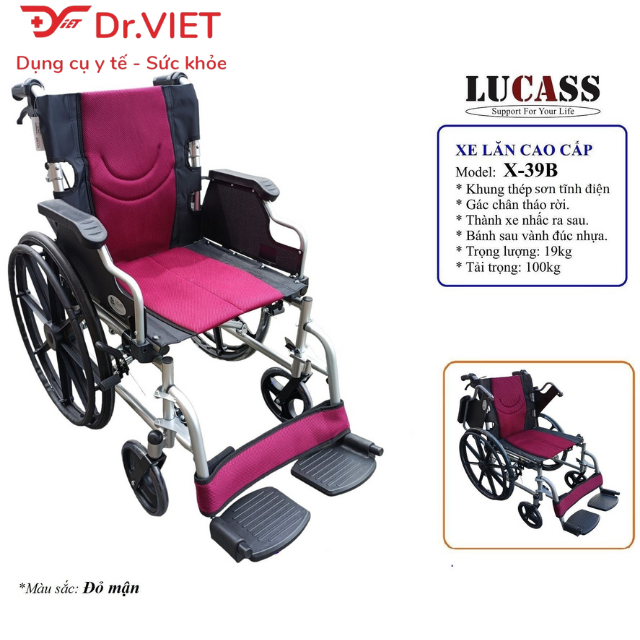 Xe lăn Lucass bánh mâm X-39B Chính hãng - Xe lăn khung thép sơn tĩnh điện cho người già, người khuyết tật, gác chân nhôm có thể tháo rời,Ghế bằng chất liệu da simili, bảo hành toàn quốc