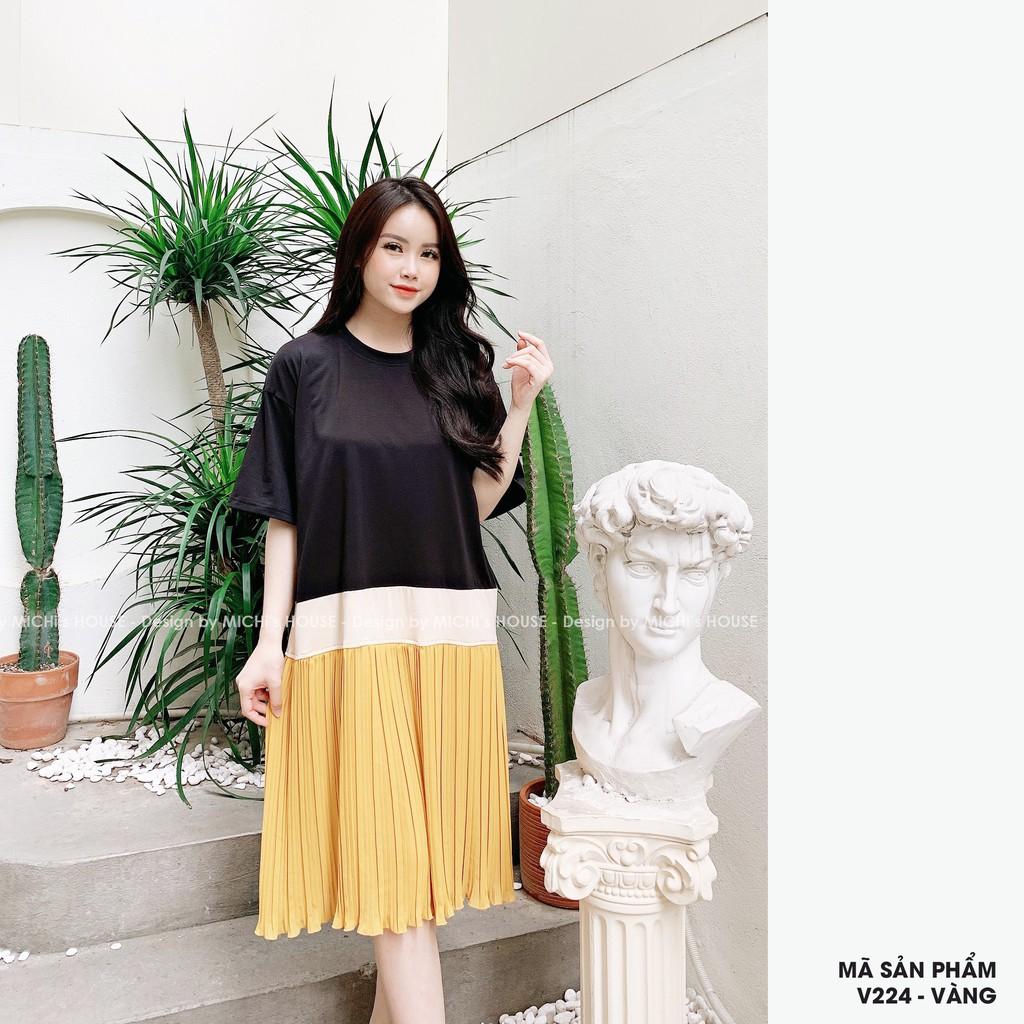 Váy thun suông phối màu, chất cotton, chân xếp ly, đầm xuông rộng freesize, đủ màu, mã V224 - Michi's House