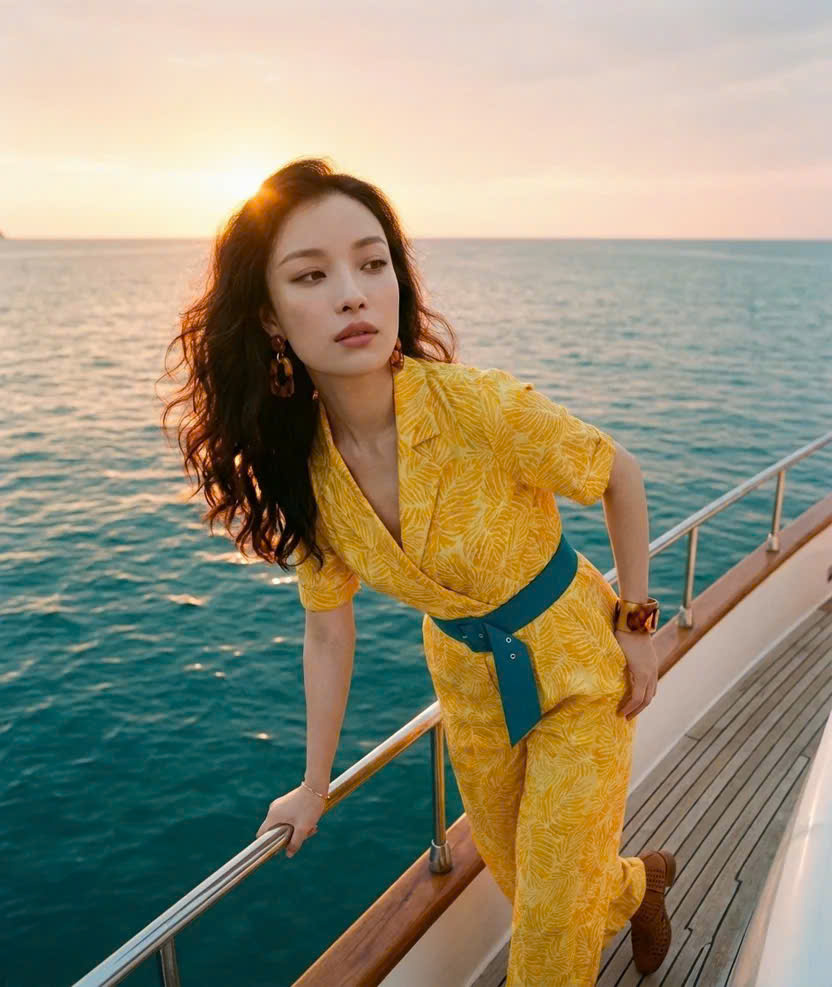 Đồ Bay Jumpsuits Linen Vàng Họa Tiết Lá Kim Diệp DRE239 thời trang thiết kế Hity