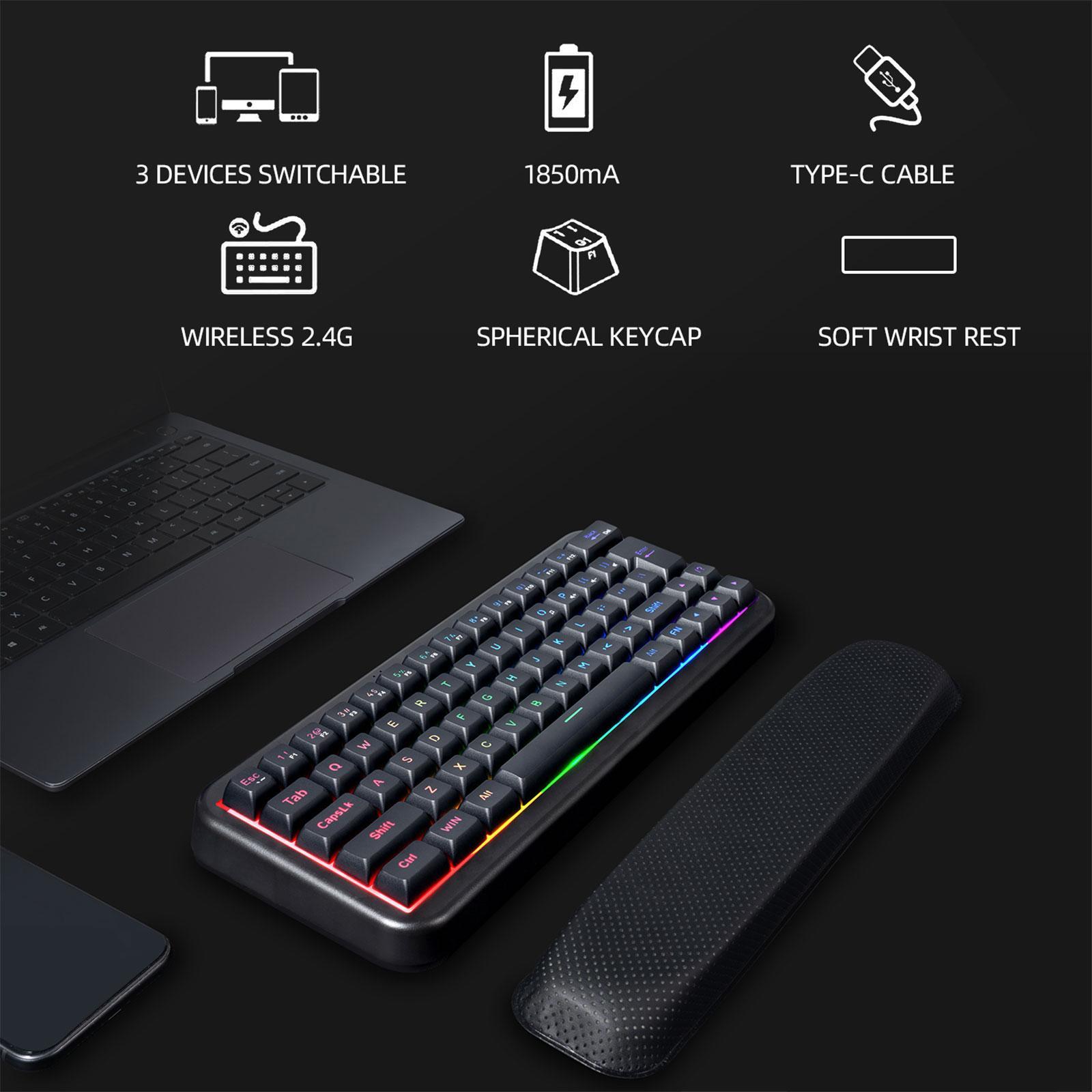 2.4G Wireless Keyboard W/ Wrist Cushion Support 63 Keys for Desktop PC Home Office