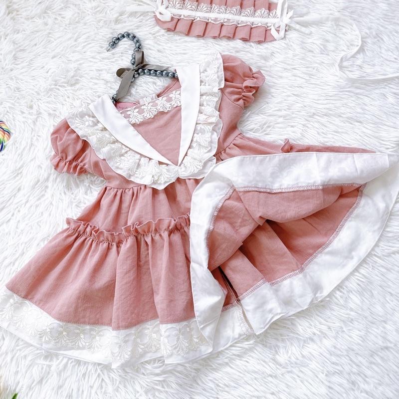 Váy Hồng Dolly Pastel Cho Bé Gái 4 Đến 30kg Chất Đũi Phối Ren
