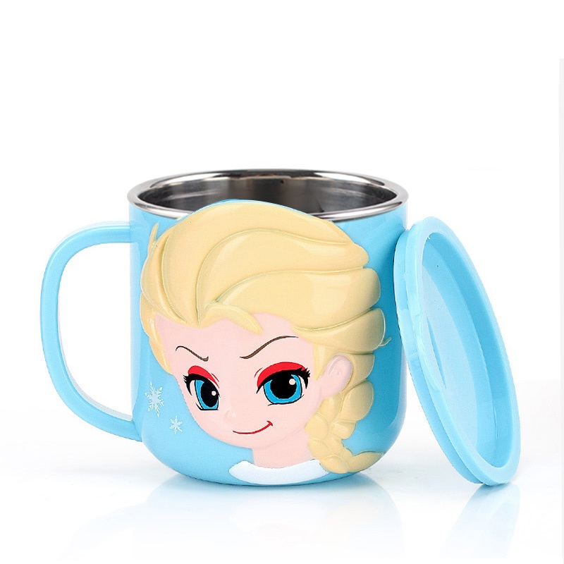 Ly inox giữ nhiệt , cốc có quai cầm 260ml hình công chúa Elsa Frozen nổi 3D màu xanh cho trẻ em , bé gái  - 97VNDP2288