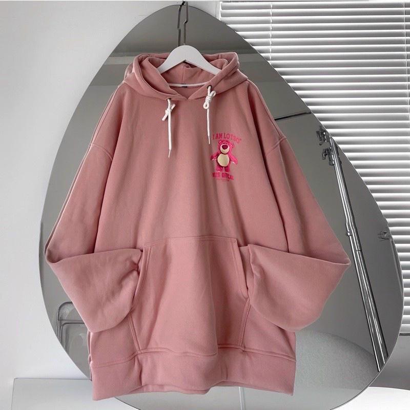 Áo khoác nữ hoodie form rộng hình Gấu Losto Hồng cực xinh chất nỉ bông dày dặn - AKO010