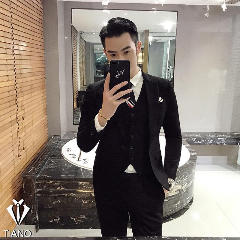 Bộ Vest nam ĐEN cao cấp 1 khuy phong cách Hàn Quốc, form ôm đẹp. Vải cao cấp 2 lớp - TIANO STORE