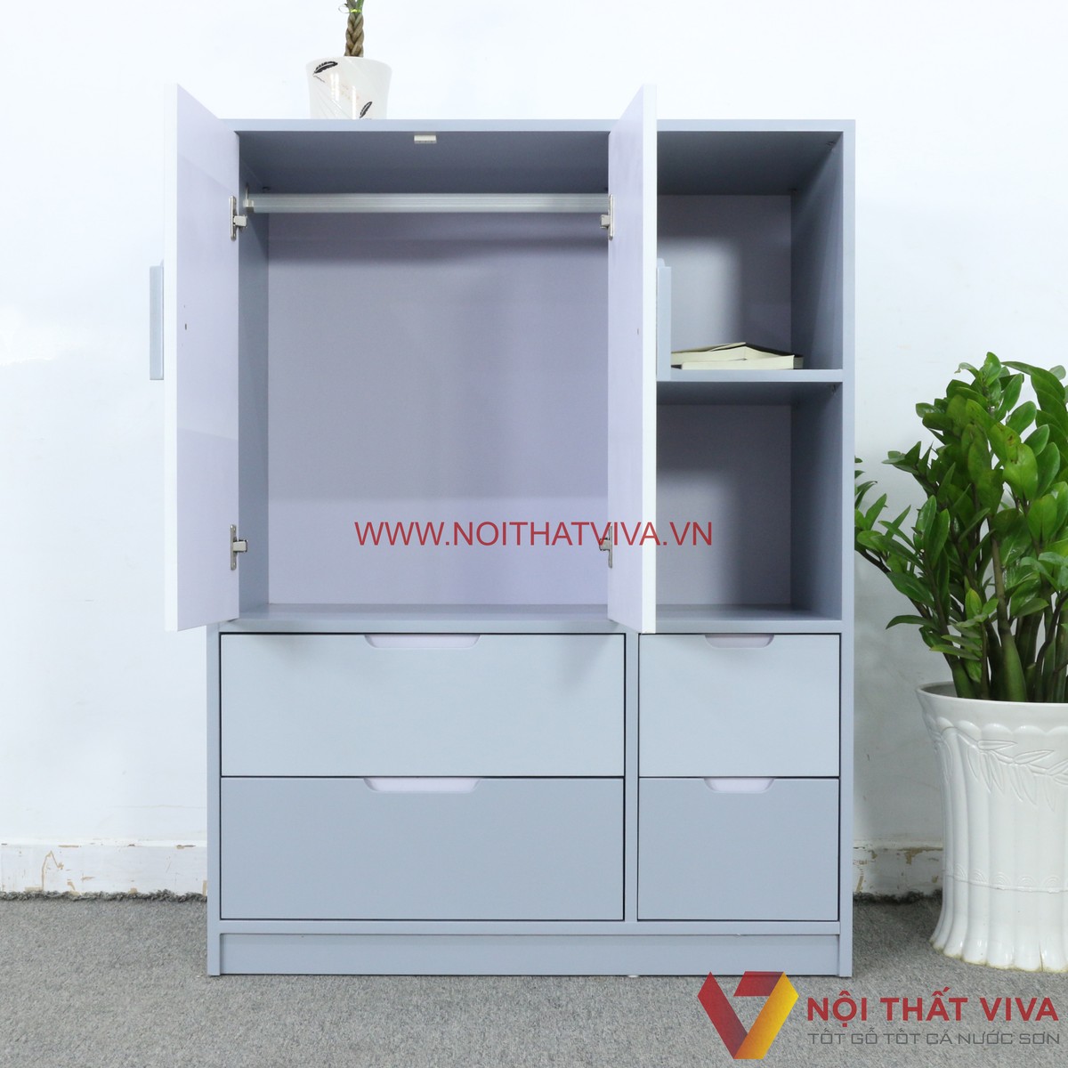 Tủ Quần Áo Trẻ Em Đẹp Gỗ MDF Có Hộc Trang Trí Màu Trắng Phối Tím Gọn Đẹp