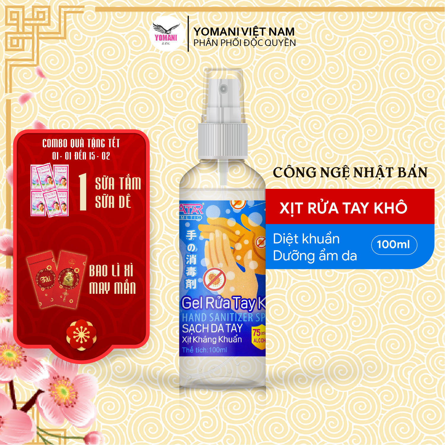 Gel rửa tay khô AVATAR - Xịt kháng khuẩn - Dạng xịt - 75% CỒN (100ml) - Có chứng nhận chất lượng từ PASTEUR