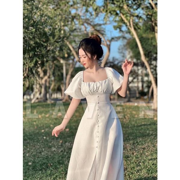 Đầm laven tay phồng nhún ngực dáng dài đi tiệc siêu xinh
