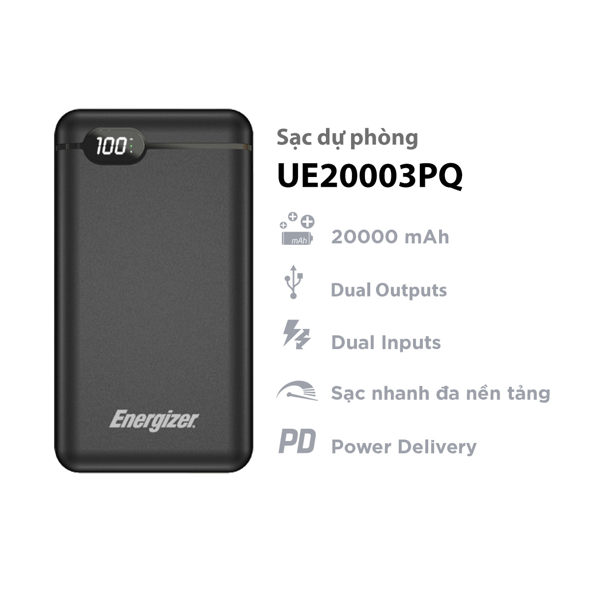 Sạc dự phòng Energizer 20,000mAh/3.7V Li-Polymer - UE20003PQ tích hợp power Delivery - Hàng chính hãng