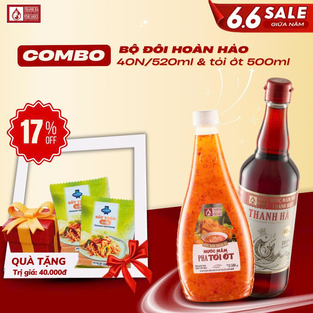 COMBO ĐỘ ĐÔI GỒM:1 CHAI NƯỚC MẮM 40 ĐỘ 520ML& 1 CHAI NƯỚC MẮM TỎI ỚT 500ML => GIẢM 5% & TẶNG KÈM 2 GÓI SỐT TRỘN GỎI 100G