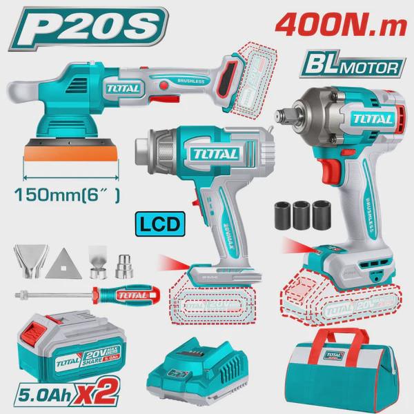 BỘ COMBO MÁY THỔI NHIỆT TBLI2003 &amp; MÁY ĐÁNH BÓNG TAPLI2015 &amp; MÁY SIẾT BULOONG TIWLI20401 KHÔNG CHỔI THAN DÙNG PIN 20V TOTAL TOSLI240863 - HÀNG CHÍNH HÃNG