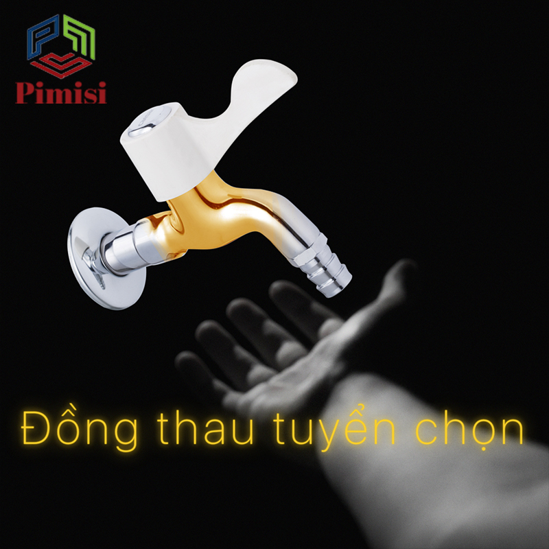 Vòi xả nước lạnh gắn tường Pimisi bằng đồng thau mạ crom - niken sáng bóng cao cấp dùng làm vòi hồ nước lạnh rửa tay chân, lấy nước máy giặt hoặc xả rửa sàn ban công tưới cây gạt tay mở 90 độ | Hàng chính hãng