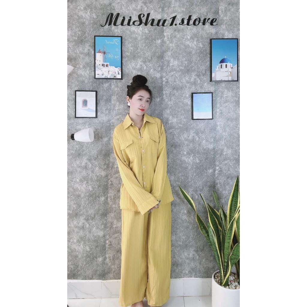 SET BỘ ĐŨI ÁO SƠ MI TAY DÀI SANG TRỌNG KÈM QUẦN ĐŨI SỌC CÙNG TONE TRẺ TRUNG TÔN DÁNG