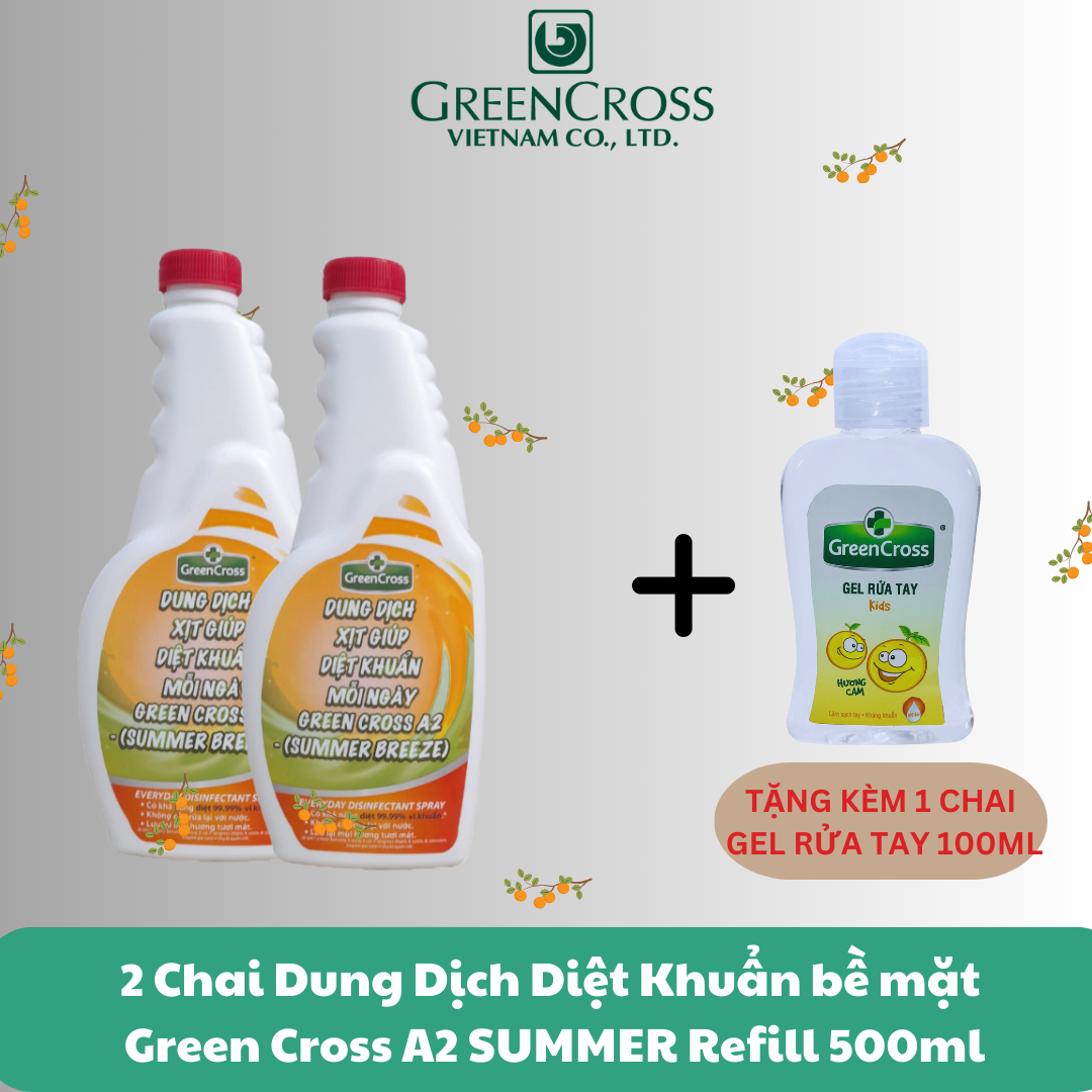 2 Chai Dung dịch diệt khuẩn không tỳ vết bề mặt Green Cross Refill A2 500ml Thơm Mát