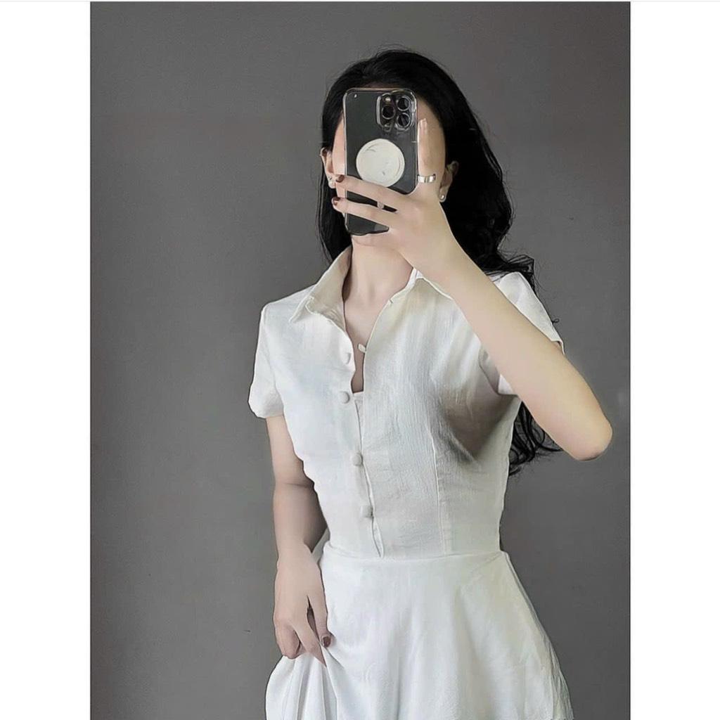 Đầm xoè sơmi nút bọc 2 túi