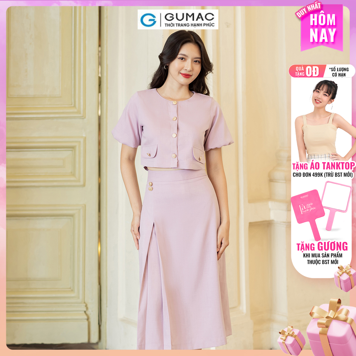 Set lẻ Áo ngắn tay bí thời trang GUMAC AD07011 - Chân váy A xếp ly thời trang GUMAC VD07012