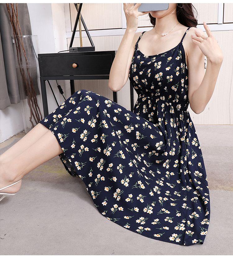 DONGSHOP Mùa hè 2023 Hàn Quốc phiên bản có thể điều chỉnh treo vest đầm mỏng mỏng trung bình dài hoa bãi biển váy