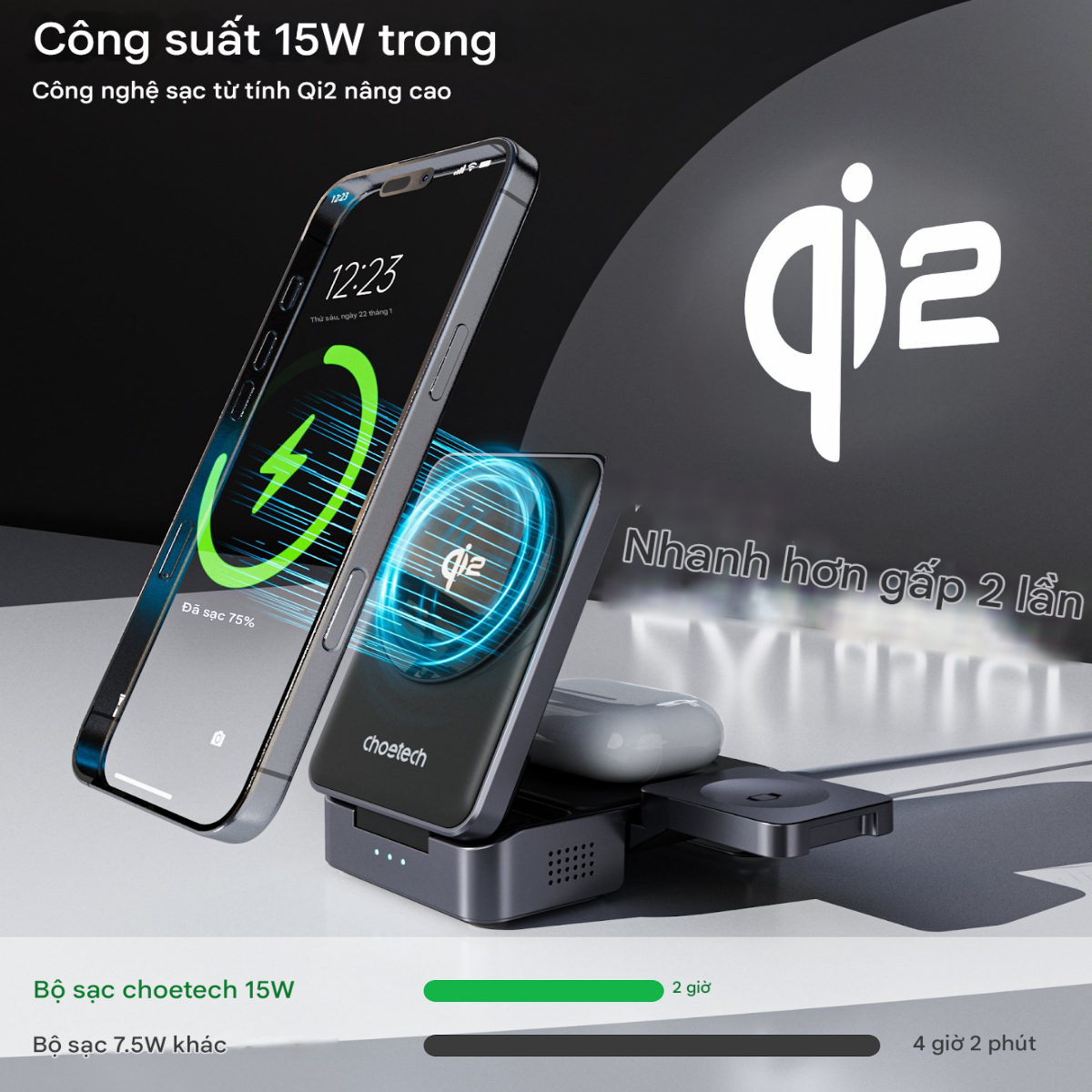 Đế sạc nhanh không dây 3 in 1 gấp gọn 15W Choetech T637 chuẩn Qi2 dùng cho điện thoại, tai nghe và đồng hồ thông minh - Hàng chính hãng)