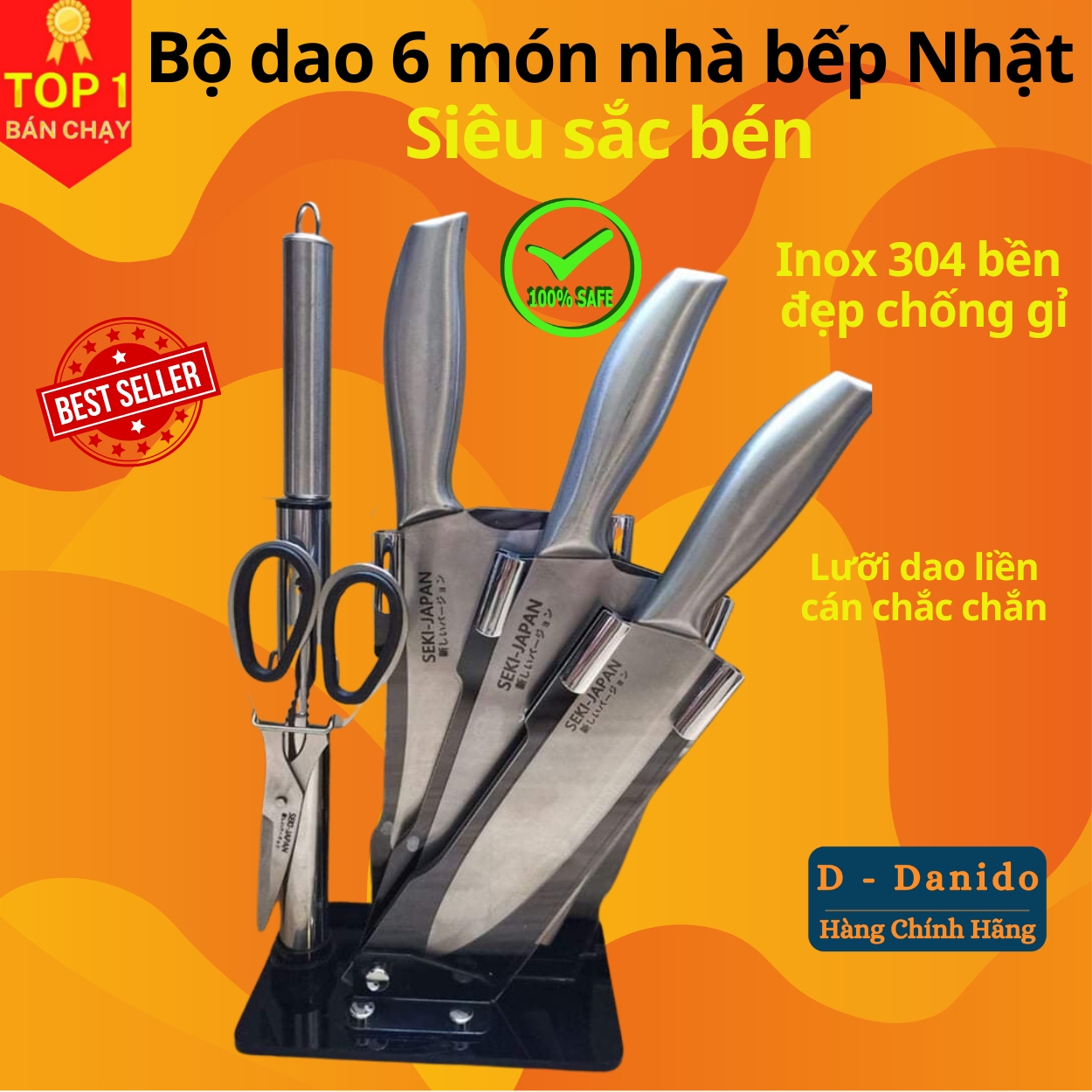 Bộ dao kéo Nhật inox 6 món đúc nguyên khối cao cấp sử dụng cho nhà bếp, kháng khuẩn tốt - tặng kèm bộ để dao thớt Chính hãng D Danido