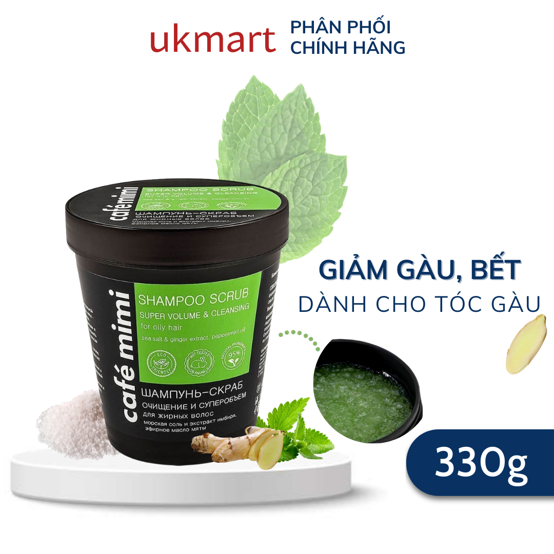 Dầu Gội Tẩy Tế Bào Chết Da Đầu Cafe Mimi Shampoo Scrub 330G Làm Sạch Sâu, Làm Phồng Chân Tóc, Hỗ Trợ Mọc Tóc - Xanh Lá Super Volume