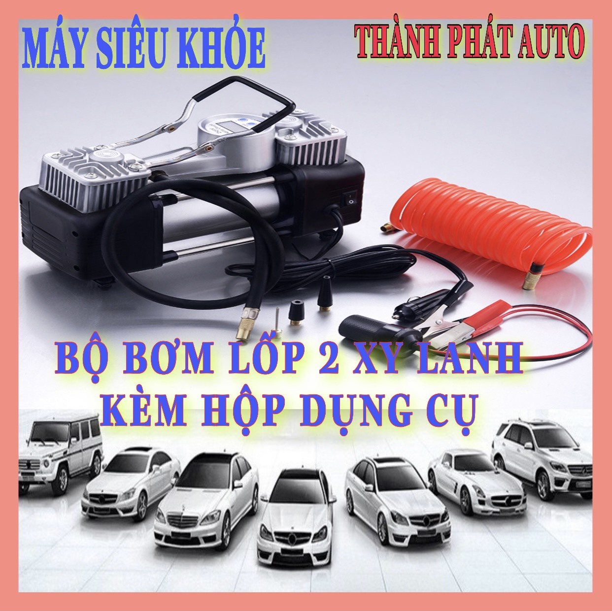 Bơm lốp ô tô 2 xi lanh công suất lớn 280W bơm nhanh đồng hồ cơ kèm hộp đựng dụng cụ, Máy Bơm Lốp Xe Hơi 12v