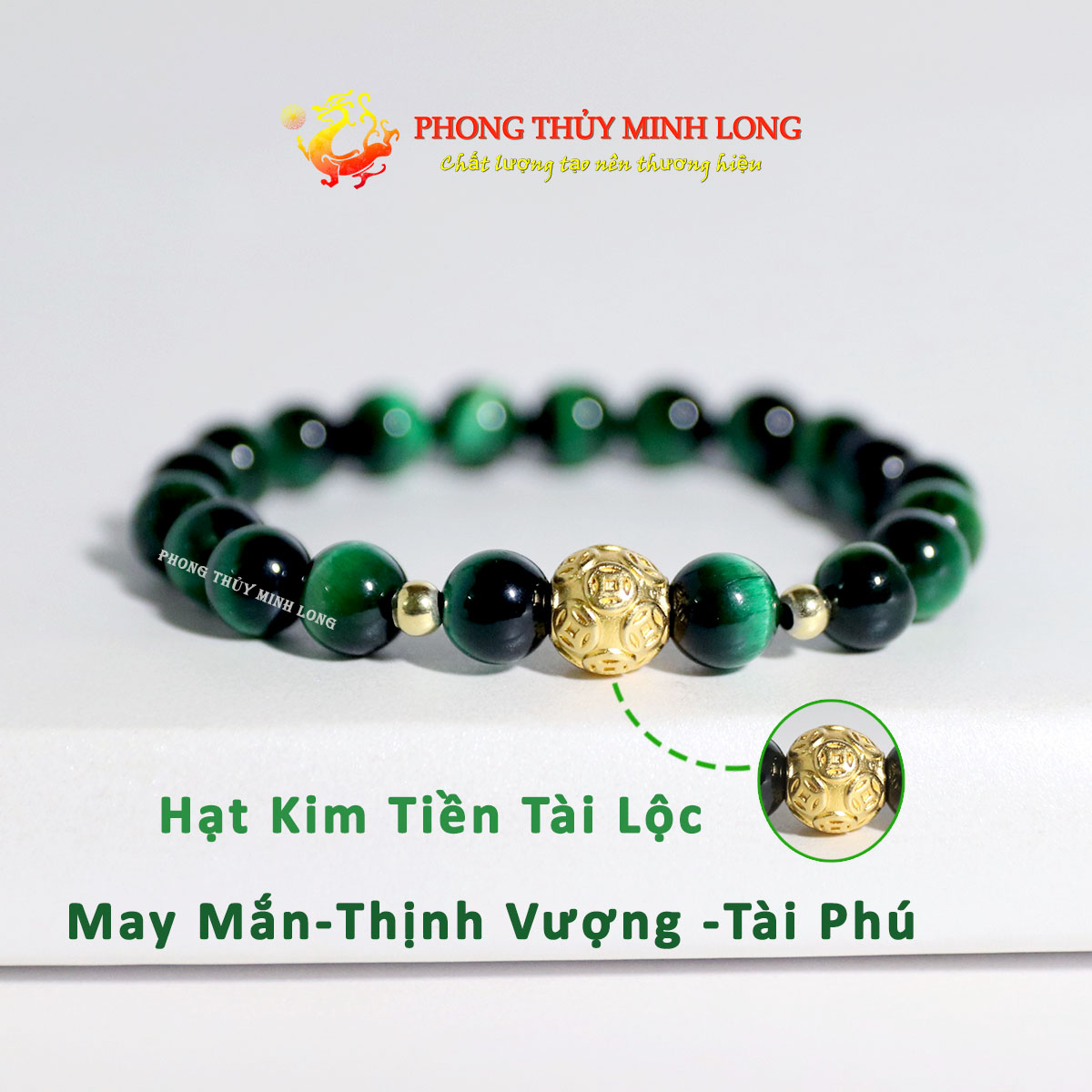 Vòng tay đá mắt hổ xanh lá mix hạt kim tiền vàng