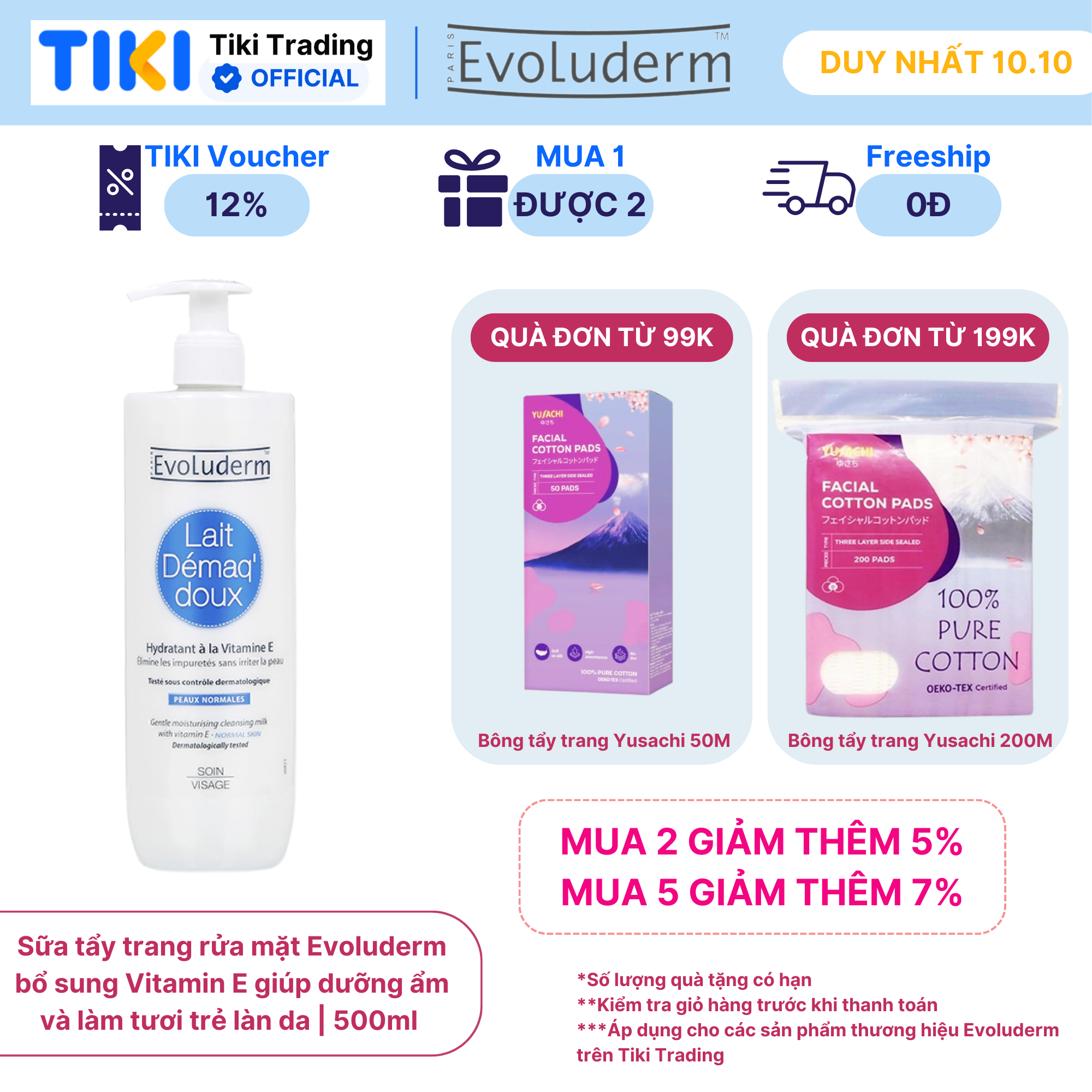 Sữa tẩy trang rửa mặt Evoluderm bổ sung Vitamin E giúp dưỡng ẩm và làm tươi trẻ làn da 500ml