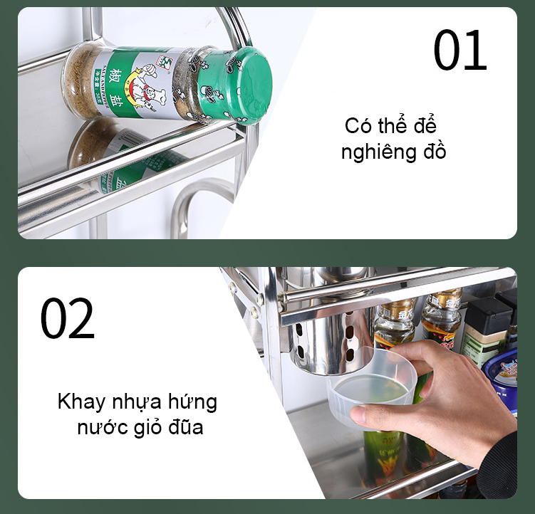 Kệ để gia vị Kệ đựng gia vị trong tủ bếp 2 tầng và 3 tầng đa năng bằng Inox 304 không gỉ, có ống để đũa, giá để dao thớt