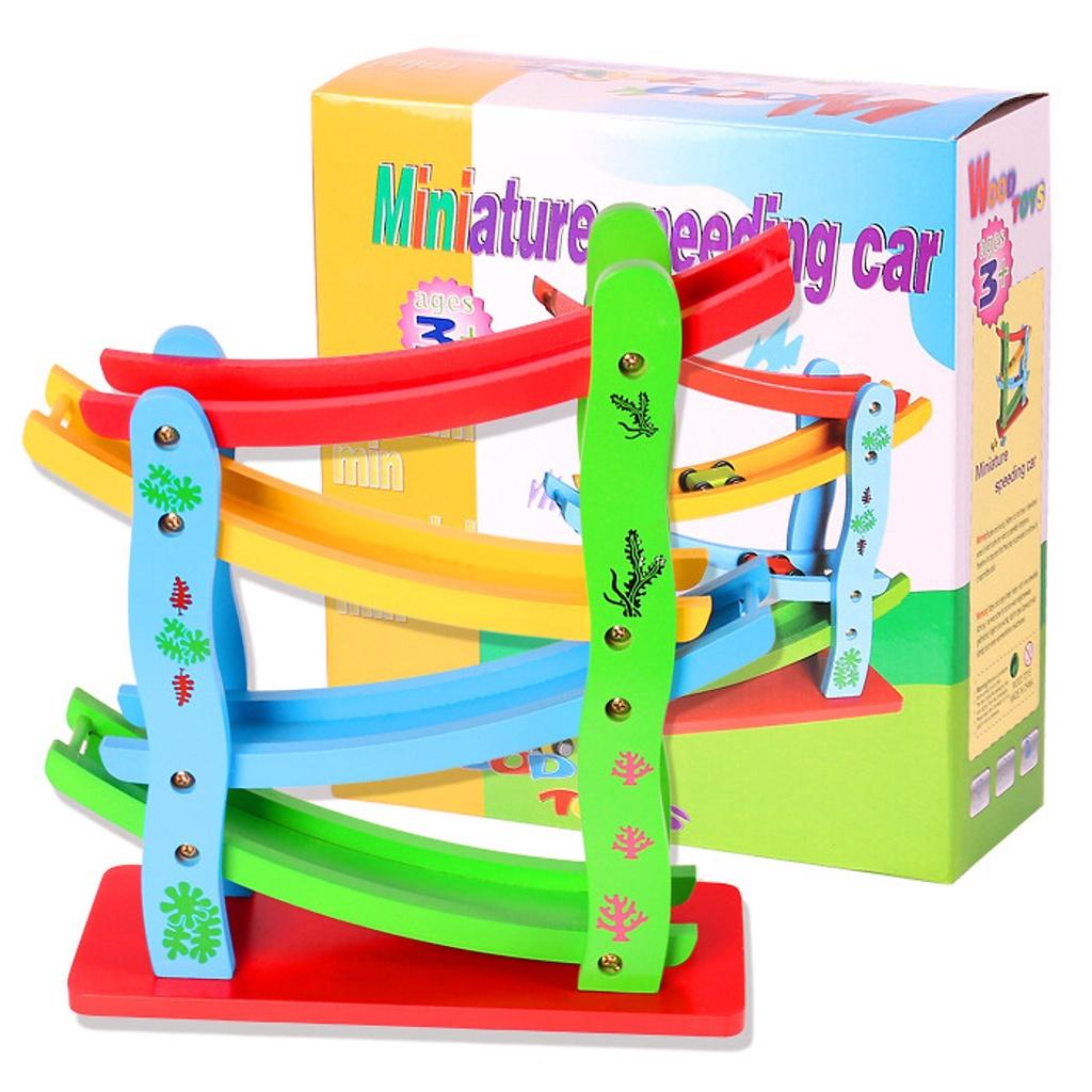 Đồ Chơi Gỗ Xe Cầu Trượt 4 Tầng Kèm 4 Xe Cho Bé - Xe Cầu Trượt Ziczac, Đường Đua Cầu Trượt Quán Tính