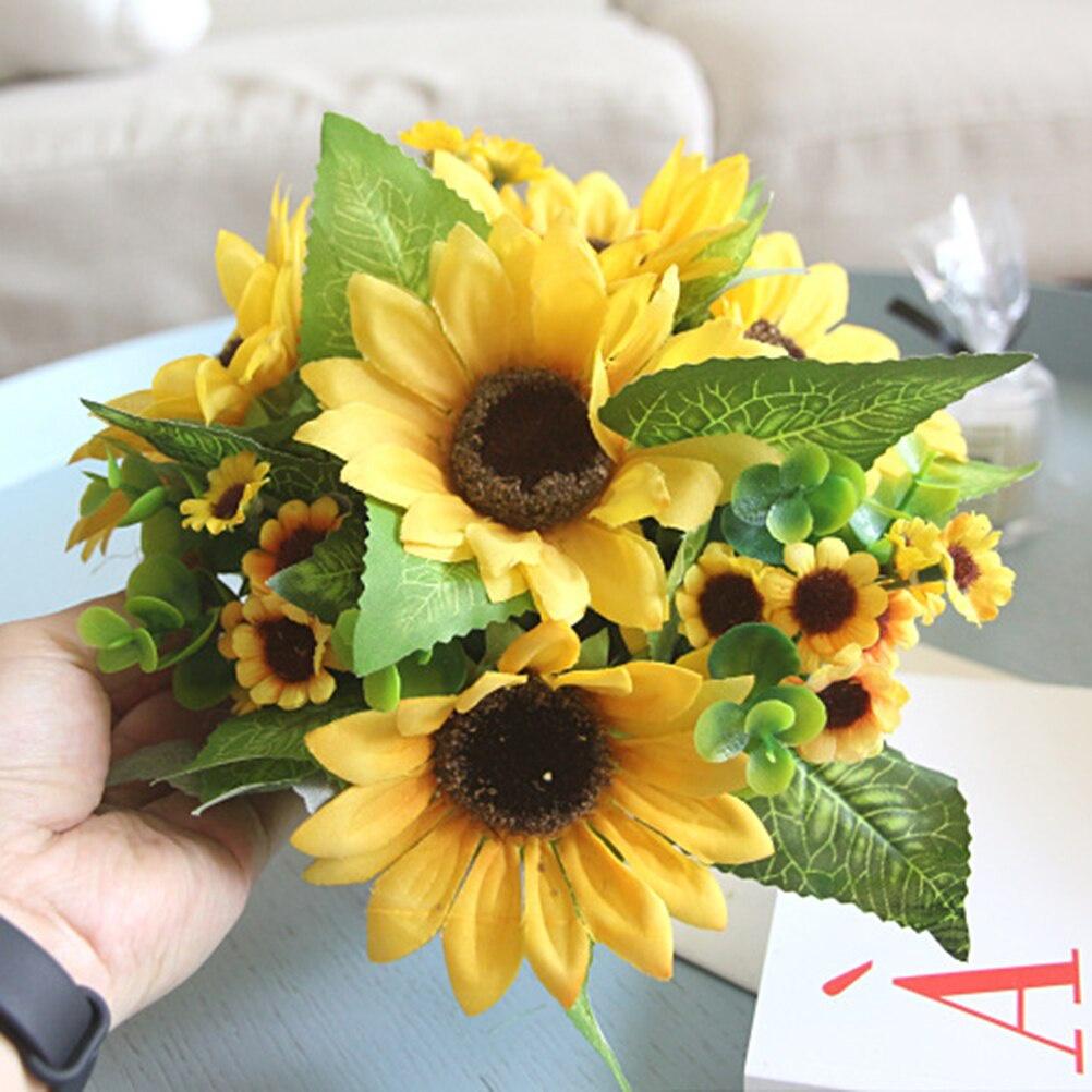 Artificial Sunflower Bouquet with Vase Plastic Simulation Yellow Flowers Metal Potted Bonsa for Home Office Party Wedding Decor