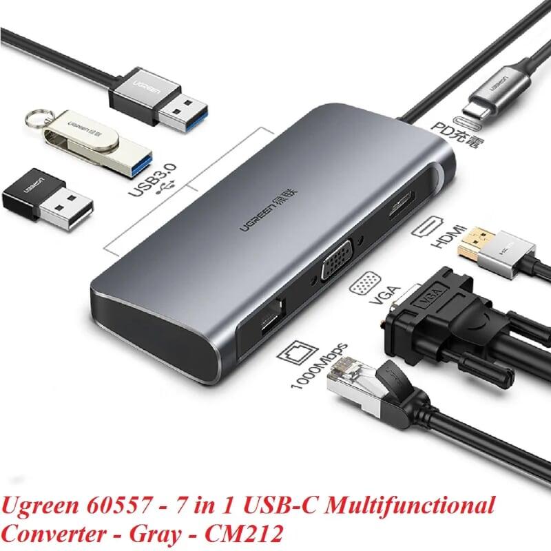 Ugreen UG60557CM256TK Bộ chuyển đổi TYPE C sang 3 USB 3.0 + HDMI + VGA + LAN + nguồn TYPE C - HÀNG CHÍNH HÃNG