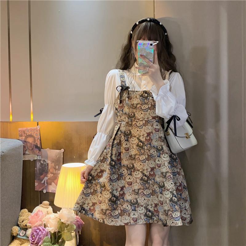 Váy nữ đầm vintage sang chảnh dáng ngắn họa tiết gấu kết hợp sơ mi dài tay Pasana0001v