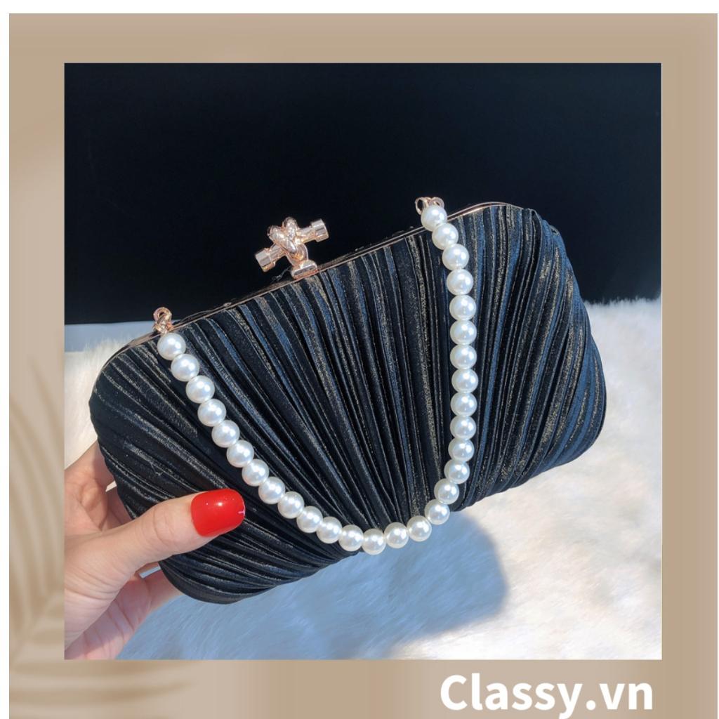 Clutch Classy cầm tay đi tiệc màu be, vải Satin Mịn Xinh Sang Dài 18 X Rộng 10 CM, dây đeo chuỗi hạt T006