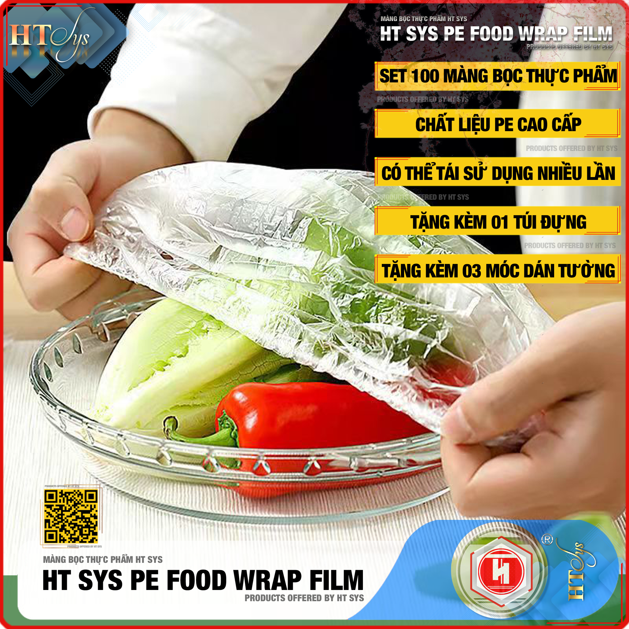 Màng Bọc Thực Phẩm HT SYS PE FOOD WRAP FILM - Chất Liệu PE Cao Cấp - Có Chun Co Giãn - Tái Sử Dụng Nhiều Lần - An Toàn Vệ Sinh - Gói 100 Chiếc Tặng Kèm Túi Đựng Và Móc Dán Đa Năng