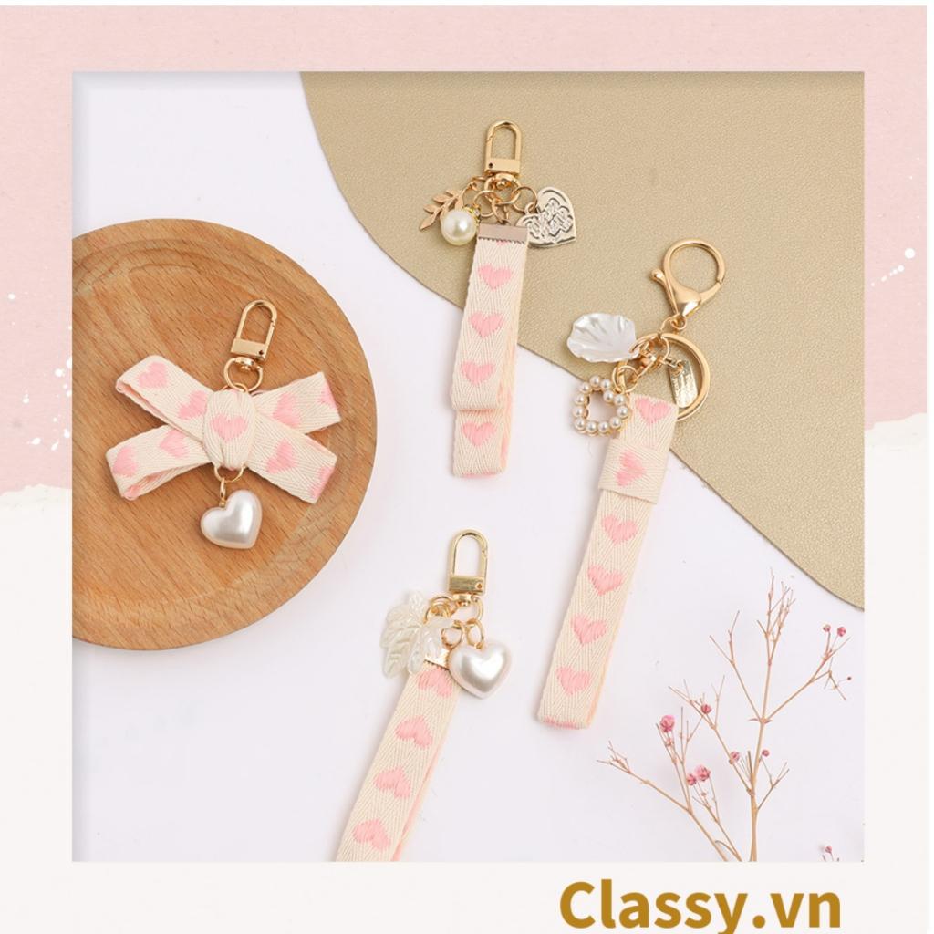 Móc khóa móc điện thoại Classy vải họa tiết trái tim hồng nhiều kích cỡ PK1268