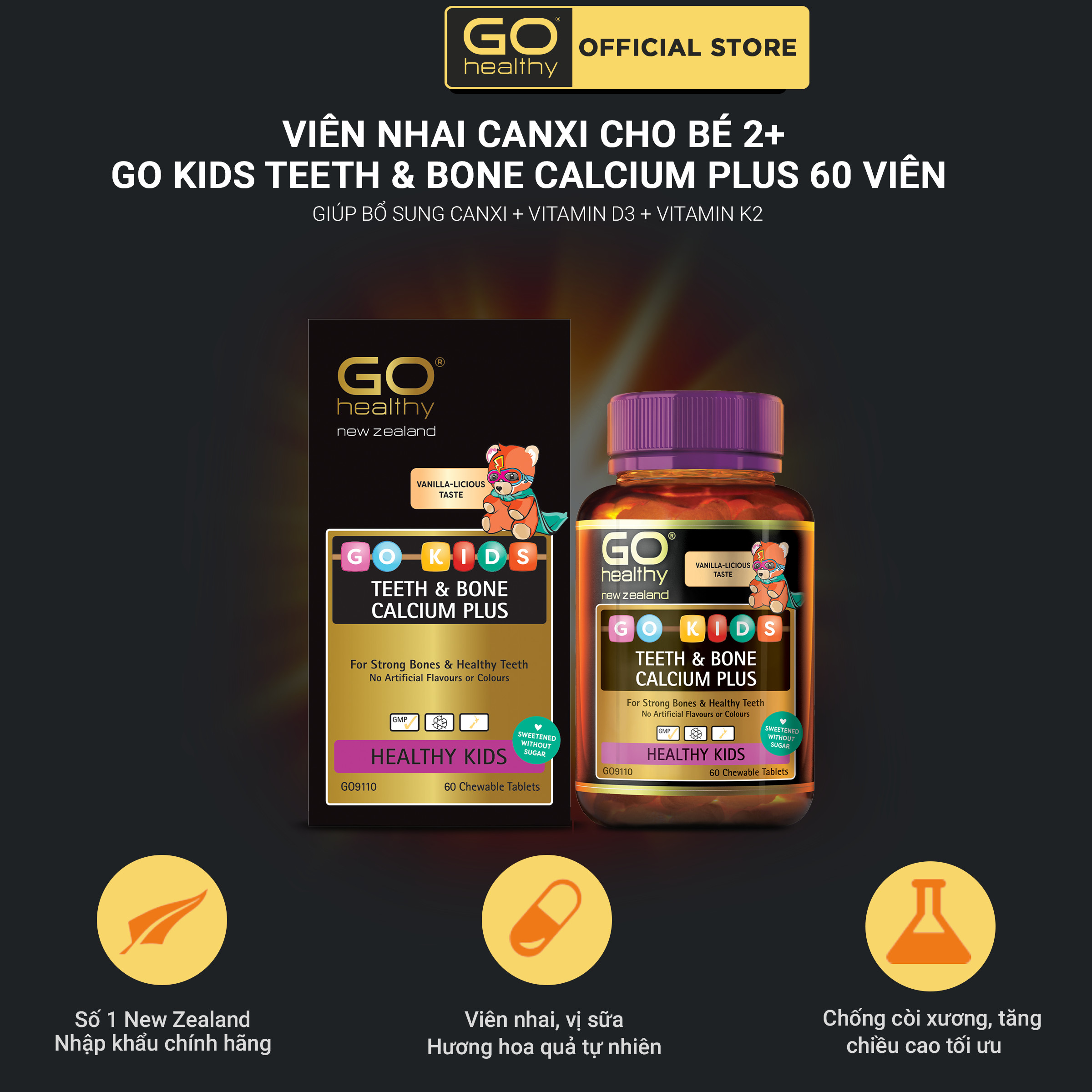 GO KIDS TEETH & BONE CALCIUM PLUS 60 VIÊN - Viên canxi nhai cho trẻ nhập khẩu chính hãng GO Healthy New Zealand