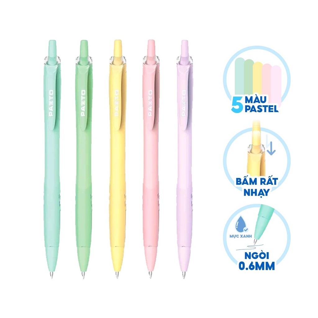 Hộp 5 bút gel Thiên Long Pazto FO-GELB039/VN nét 0.6mm - Mực xanh, thân bút màu pastel bắt mắt, bút dạng mực dầu viết trơn