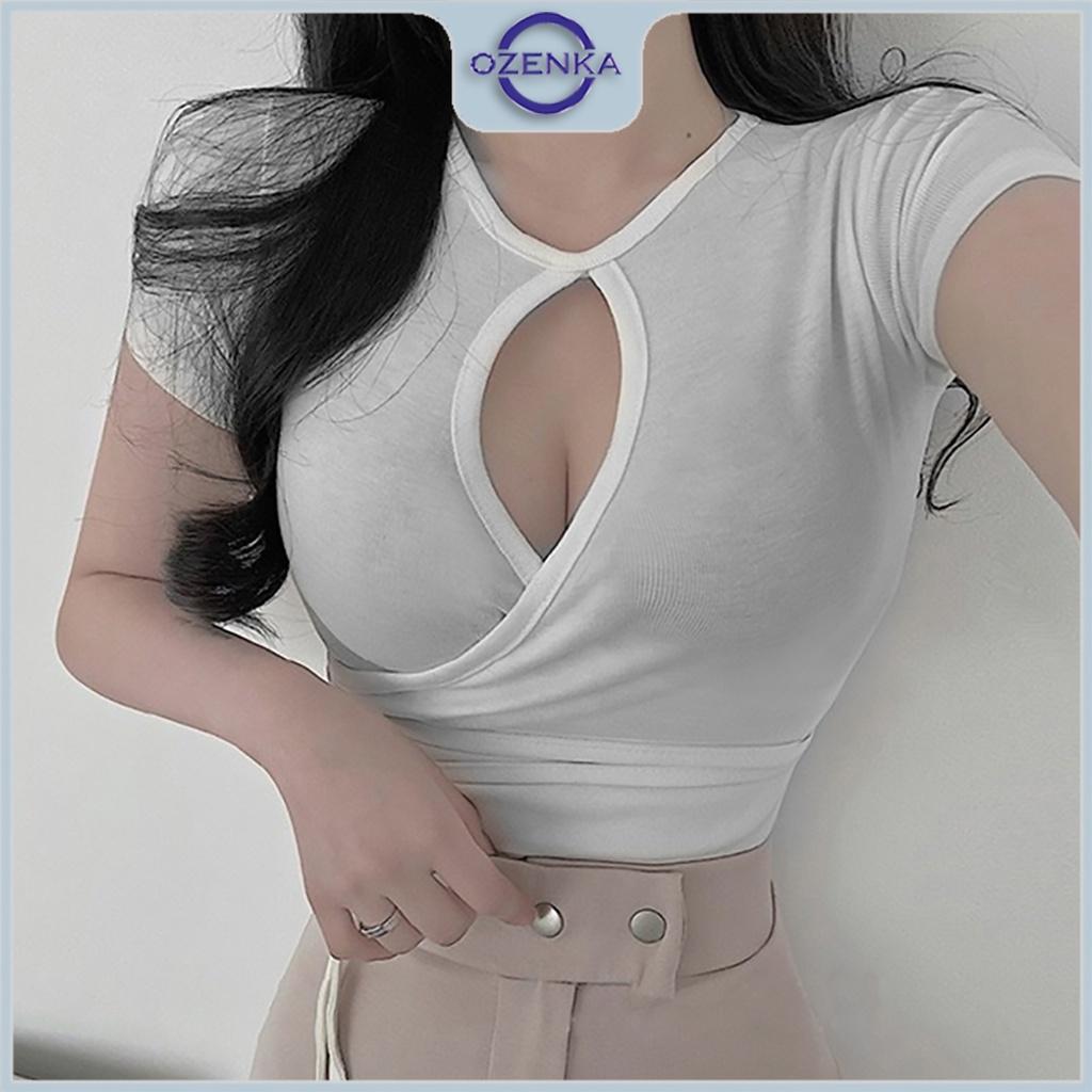 Áo croptop tay ngắn khoét ngực gợi cảm ôm nữ Ozenka , áo crt cổ tròn kiểu basic đen trắng mặc đi chơi size dưới 55 cân