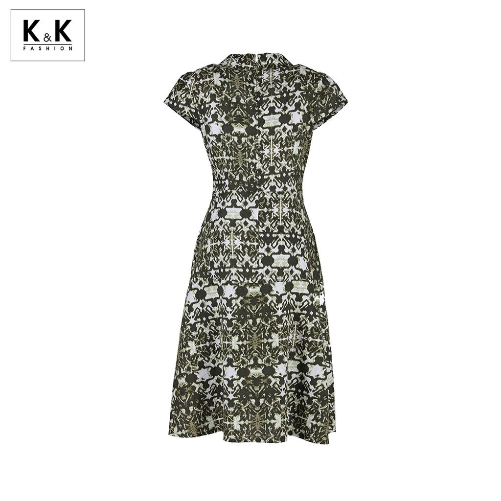 Đầm Xòe Cổ Đan Tông Phối Nút K&amp;K Fashion HL16-38 Màu Xanh Rêu Trắng Chất Liệu Linen